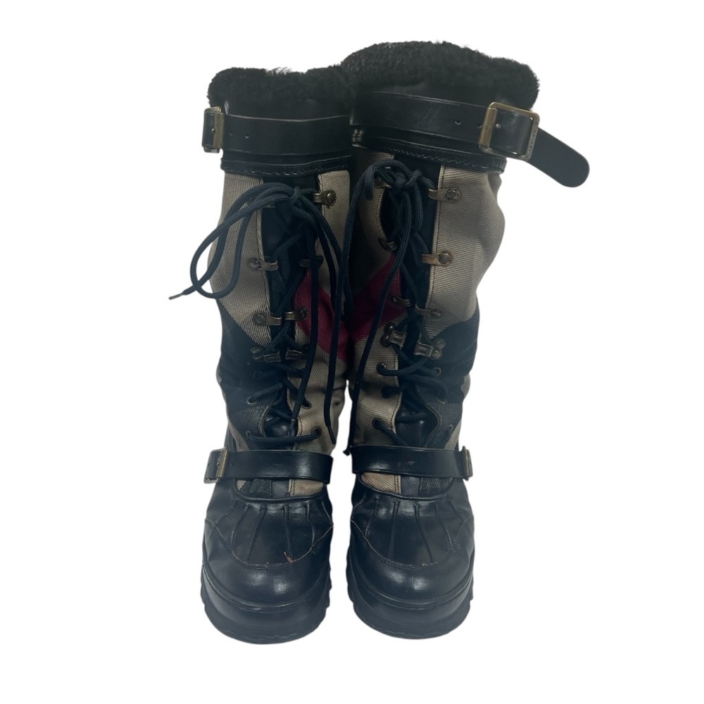 Burberry Black Leather & Brown/Red Mega Check Canvas Lace-Up Fur-Lined Boots - Picture 2 of 15